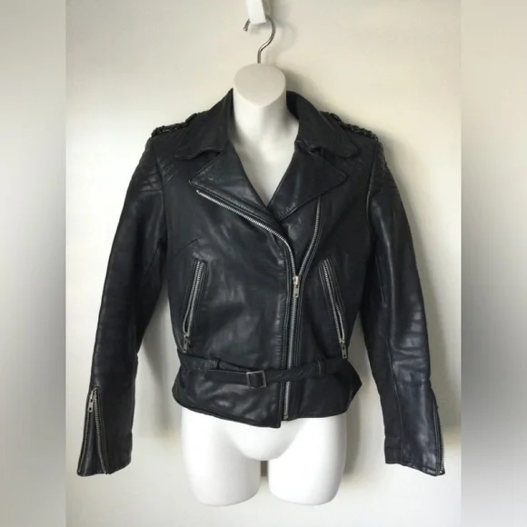 VTG Harley Davidson Leather Moto Jacket Black Motorcycle Cinch Back Women 34 - Picture 2 of 16